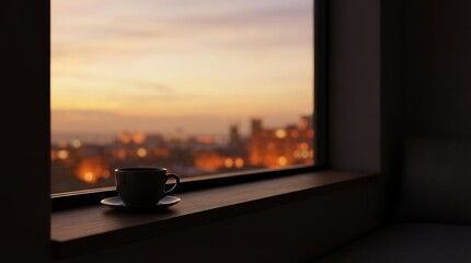 Fototapeta premium 3D render of a serene and atmospheric view from a window at sunset looking out over an evening cityscape with the black silhouette of a coffee or tea cup in the foreground creating a contemplative