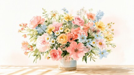 Fototapeta premium Airy summer florals: watercolor bouquet on pale paper