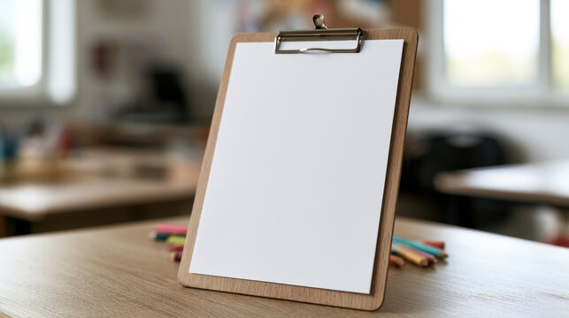 Blank white teacher letter on wooden clipboard in bright classroom mockup