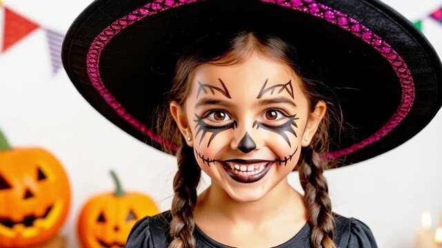 Little girl in witch hat with halloween scarecrow face paint smiling and blinking with jack o lantern pumpkin background. Trick or treat holiday celebration concept
