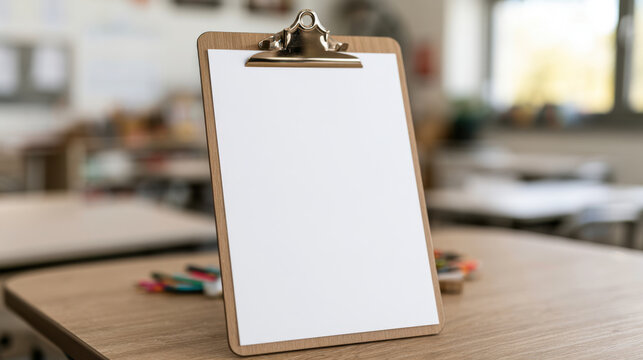 Blank teacher welcome letter on wooden clipboard mockup in classroom setting