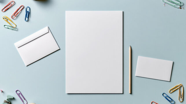 Blank teacher welcome letter stationery mockup with envelope, card and pencil on blue background