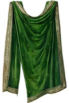 Elegant traditional Indian emerald green dupatta with intricate antique-gold embroidery and geometric floral details, gracefully draped in a symmetrical arrangement