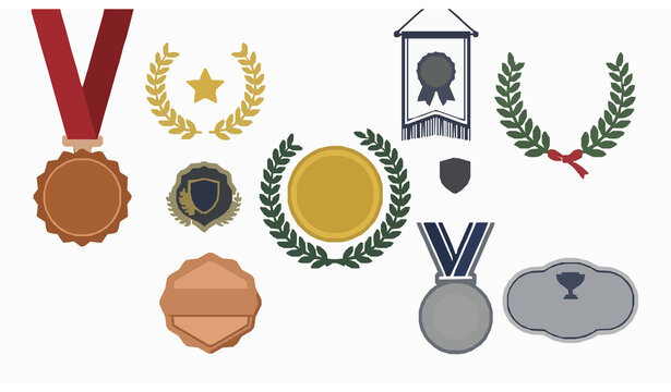 Victory medals and laurel frame vector collection with gold silver bronze ranking awards