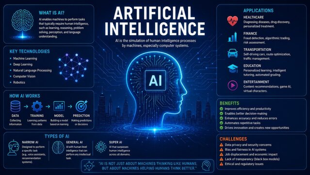 Artificial Intelligence Infographic with Machine Learning, AI Applications, Benefits, Challenges and Types of AI