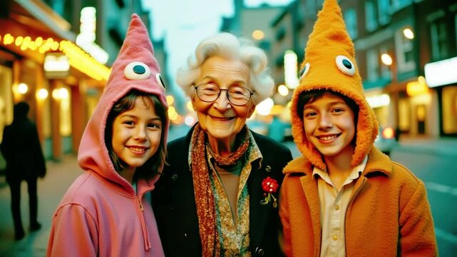 Elderly woman with two smiling kid in funny monster costume posing on evening city street. Family halloween celebration and intergenerational joy concept