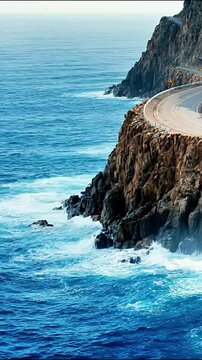 Winding coastal highway cliff edge overlooking blue ocean waves crashing against rocks in motion.