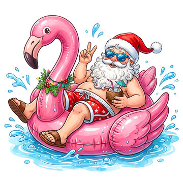 Santa Claus relaxing on a pink flamingo pool float with a tropical drink and sunglasses