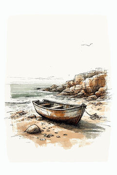 coastal cove and boat on the beach hand drawn sketchy wall art design print