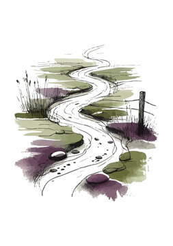 abstract river creek side wall art in hand drawn sketch and lines