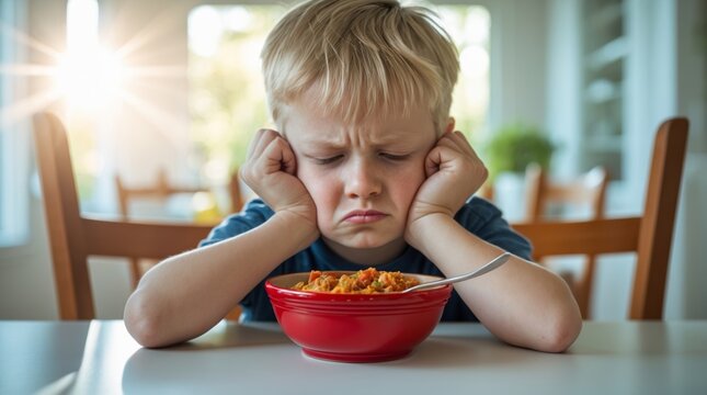 Little boy at dining table looking unhappy, hands supporting his head, not wanting to eat dinner in a red bowl