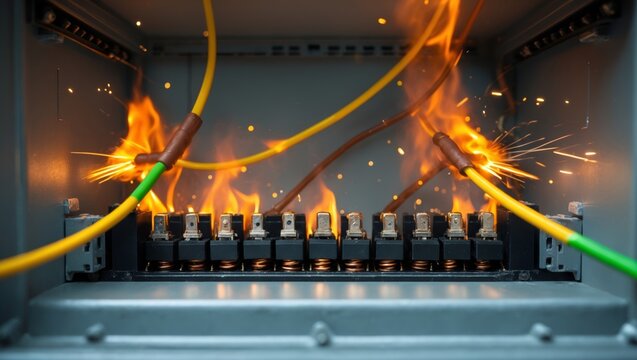Electrical system short circuit causing fire and sparks in junction box, representing danger and equipment malfunction