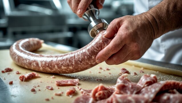 Butcher hands preparing fresh homemade sausage with a stuffer, emphasizing traditional meat processing