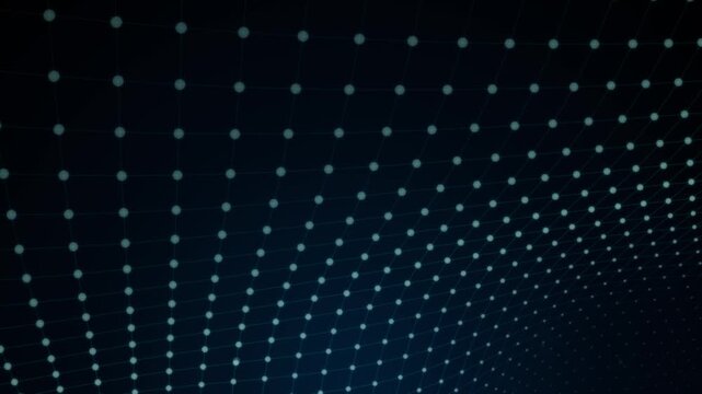 Repeating turquoise glowing dots form a clean digital grid pattern across a dark background.
