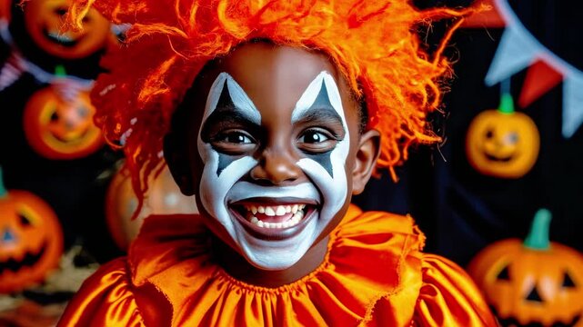 Happy african american child in orange clown costume with face paint and wig smiling among jack o lantern decoration. Halloween party celebration concept