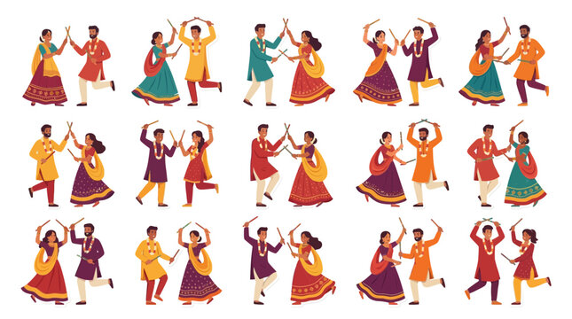 Set of Indian Couples Dancing Dandiya Raas Folk Dance