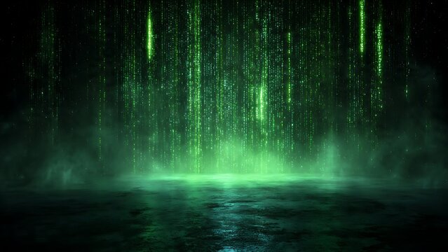Digital matrix green binary code rain falling on dark concrete floor background