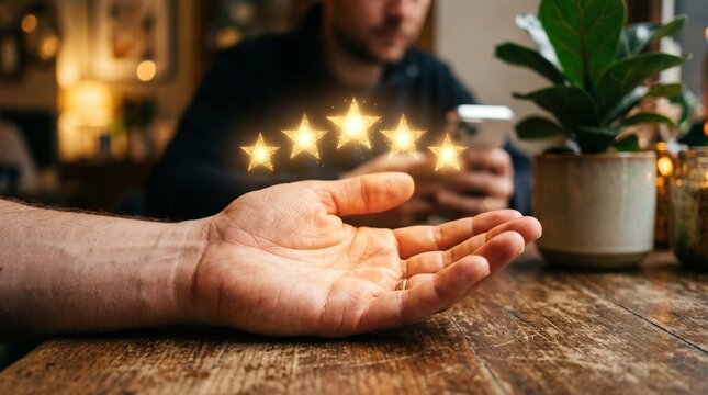 Five golden stars floating above an open palm representing excellent customer service and positive feedback