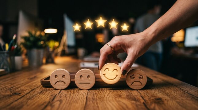 Customer satisfaction rating concept with wooden emoticon faces and glowing star icons on office desk