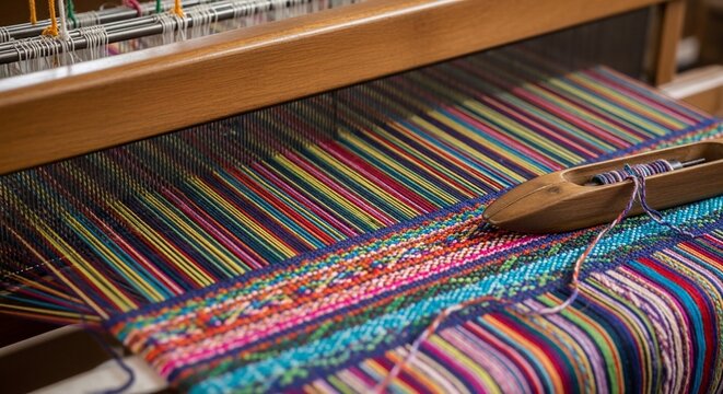 Weaving loom colorful fabric closeup