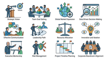Fototapeta premium Industrial Showcasing Key Leadership and Strategic Business Concepts with Colorful Icons and Figures