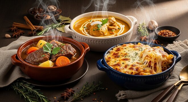 Variety of cooked dishes overhead view