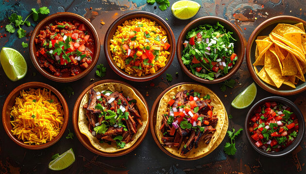 Variety of mexican food bowls overhead
