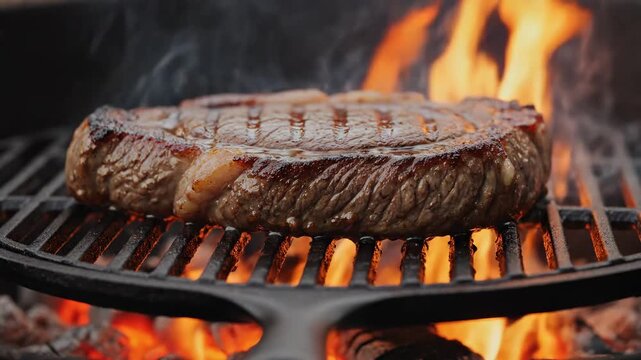 Steak searing on grill with flames cooking process progression in three frames grilling meat