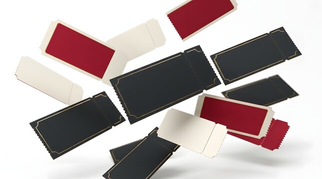 An artful scattering of rectangular building blocks in shades of red black and white forms a compelling and dynamic visual arrangement on a bright white