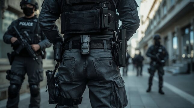 Police officer standing in tactical gear, carrying weapons and equipment, ensuring public safety and law enforcement in urban environment