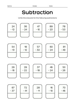 educational vector template for printable subtraction math worksheets. Suitable for kindergarten and elementary school students, featuring clear minus arithmetic problems, answer spaces, and a clean m