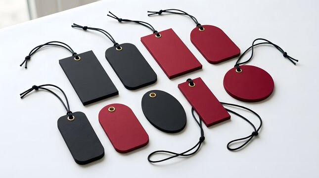A collection of fashionable red and black luggage tags with attached black straps are neatly arranged on a spotless white background surface