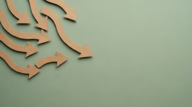 Arrow symbols made of craft paper arranged on a green background a horizontal composition with copy space representing direction creativity and simple design. arrow symbols made of craft paper are