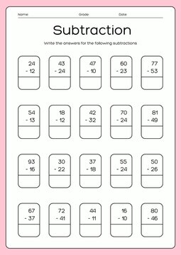 educational vector template for printable subtraction math worksheets. Suitable for kindergarten and elementary school students, featuring clear minus arithmetic problems, answer spaces, and a clean m