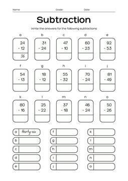 educational vector template for printable subtraction math worksheets. Suitable for kindergarten and elementary school students, featuring clear minus arithmetic problems, answer spaces, and a clean m