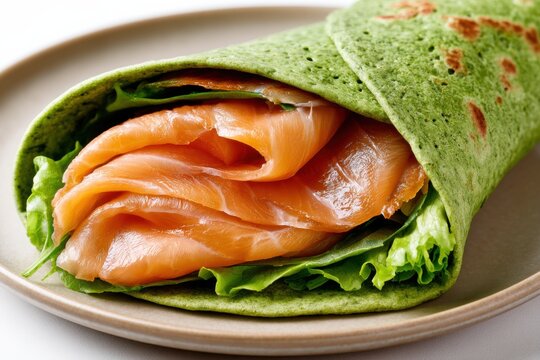Homemade green spinach pita filled with silky smoked salmon slices and fresh lettuce, showcasing a soft texture and slightly irregular shape on a neutral plate