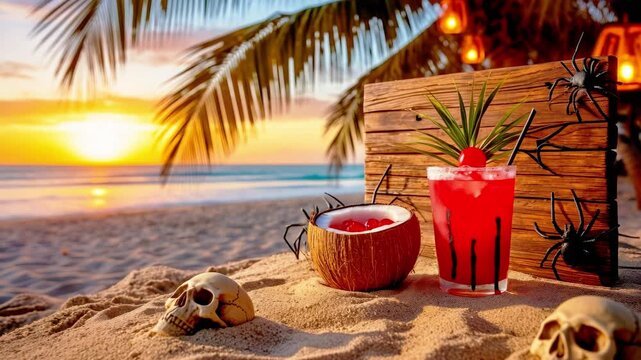 Halloween tropical cocktail on beach at sunset with skull and spider decoration. Spooky summer party and exotic holiday celebration concept