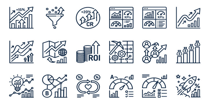 Comprehensive collection of business growth analytics roi sales conversion line icons with growth charts line art analytics marketing funnels dashboards