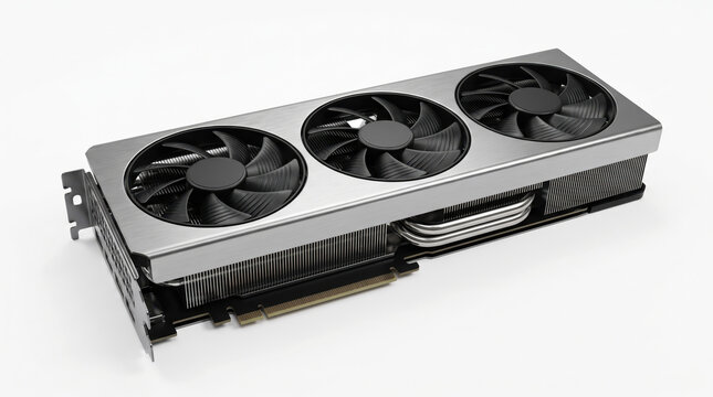Modern computer graphics card with triple cooling fans isolated