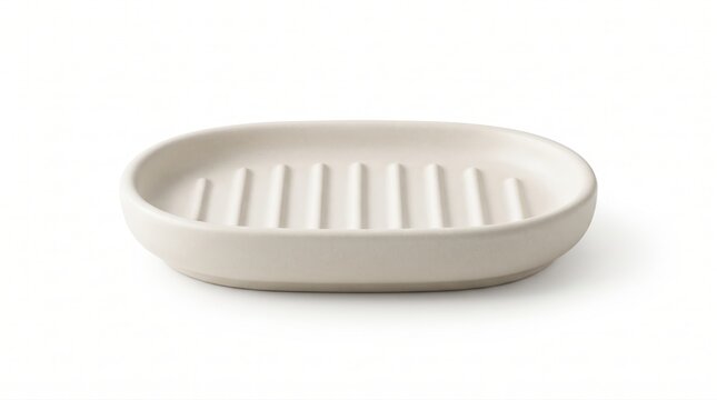 Empty ceramic soap dish with draining ridges isolated on a white background