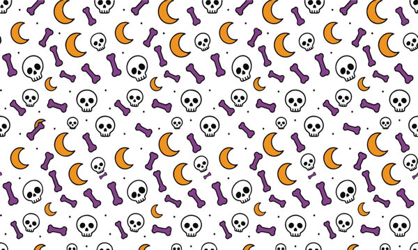Seamless Halloween pattern with white skulls purple bones orange moons