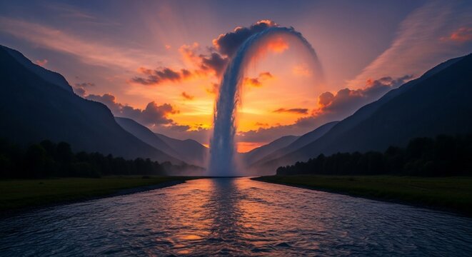 Waterfall mountain landscape sunset scene