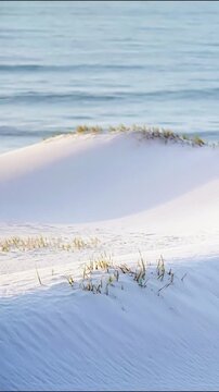 White sand dunes blowing in gentle coastal wind captured in calming slow motion.
