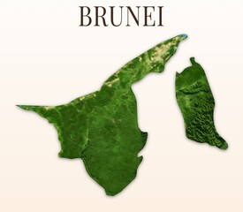 Brunei Shaded Relief Map. Hillshaded physical terrain map illustration. Light background with title. Illustration elements derived from NASA Imagery and NASADEM Global Elevation Model. © Eugene Ga