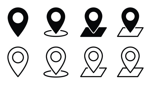 Location pin icon collection with GPS map markers, navigation symbols and geolocation indicators, black outline and solid designs for mapping, travel, wayfinding, address, and digital maps