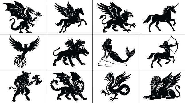 Mythical Creatures Heraldic Black Silhouette Vector Icon Set Featuring Dragon Pegasus Griffin Unicorn Phoenix Cerberus Mermaid Centaur Minotaur Manticore Cockatrice Sphinx