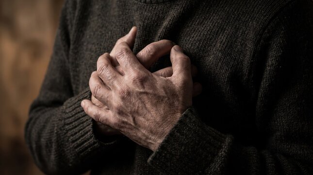 Hands clutching chest in pain during heart attack concept