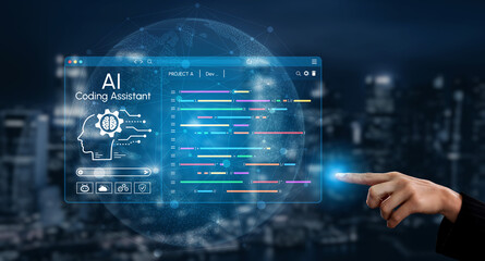 Fototapeta premium Futuristic Concept of AI Coding Assistant with Virtual Interface and Hand Interaction Against a City Skyline at Night. Entropy.