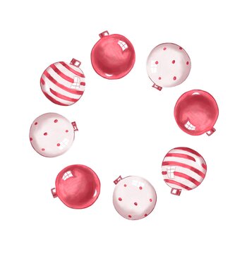 Watercolor red Christmas ornaments wreath