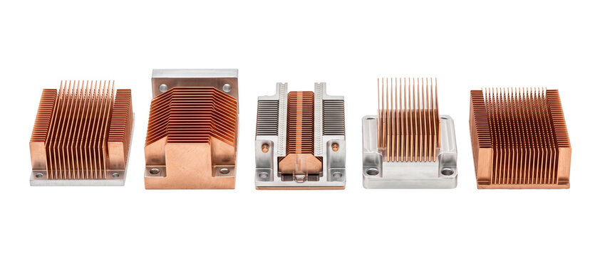 CPU heat sink cooling radiator components set isolated on black background for PC hardware engineering, computer processor thermal management, microchip cooling fins, electronic technology repair.